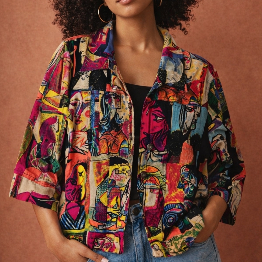 Kaktus Vintage Abstract Picasso-Style Art Statement Jacket 3/4 Sleeve Sz M